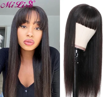 

Straight Human Hair Wigs With Bangs For Black Women Mi Lisa Full Machine Made Wig 180% Density Brazilian Natural Color Remy Hair