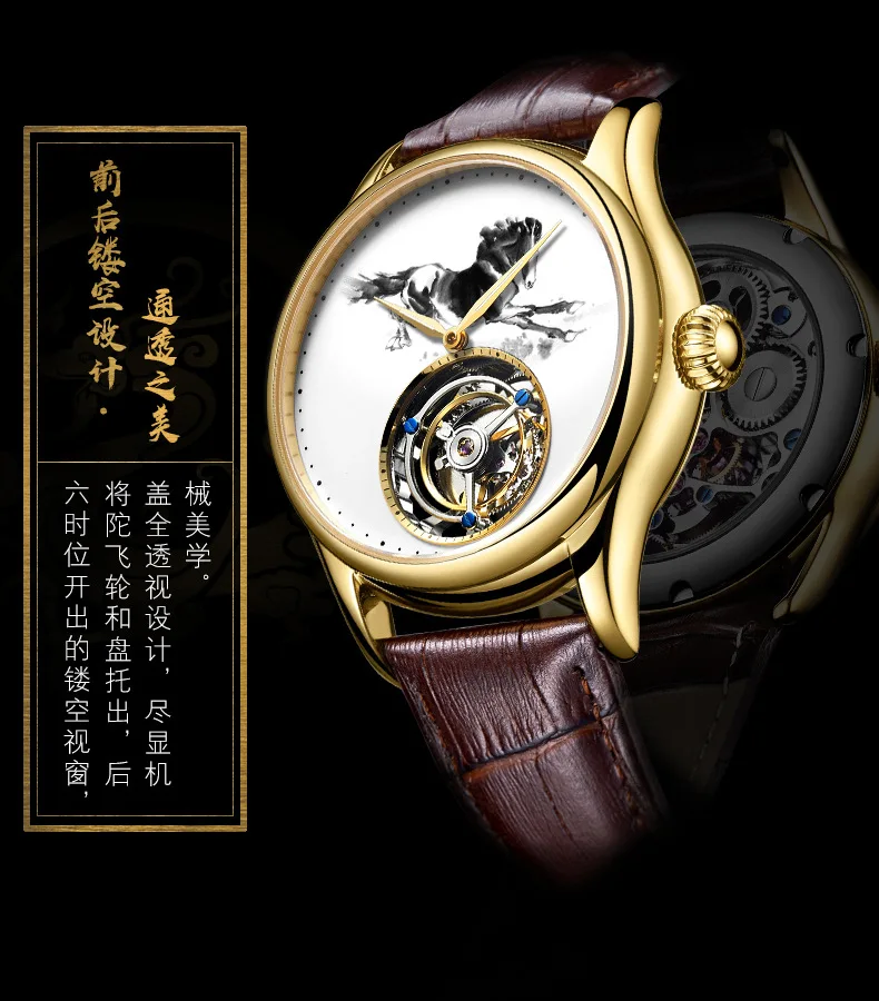 Бренд Топ мужские часы tourbillon механические полые мужские часы трендовая живопись чернилами все стальные Роскошные креативные популярные мужские часы