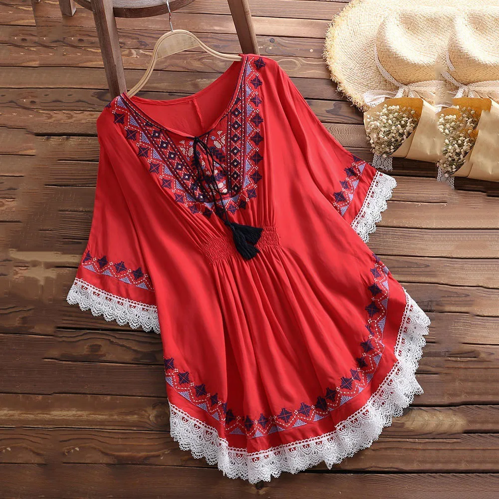 Boho Chic Этническая Вышивка Блузка женская белая рубашка Женская Туника рубашки весна лето блузка с бахромой модные черные пляжные Топы - Цвет: Красный