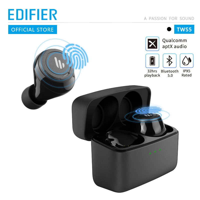 EDIFIER TWS5 Bluetooth V5.0 TWS Earbuds aptX audio decoding IPX5 Waterproof Touch control up to 32hrs playtime wireless earphone