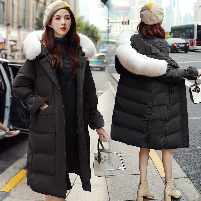 Fashion Mid-length down Feather Cotton-padded Clothes Women's Winter New Style Korean-style Casual Large Fur Collar Thick o