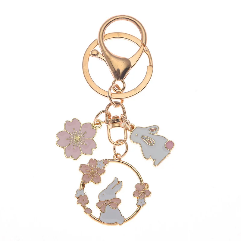 Cute Round Rabbit Cat Metal Keychain Lovely Pink Sakura Car Bag Keyring Girl Boy Couple Jewelry Lanyard Headset Pendant 5
