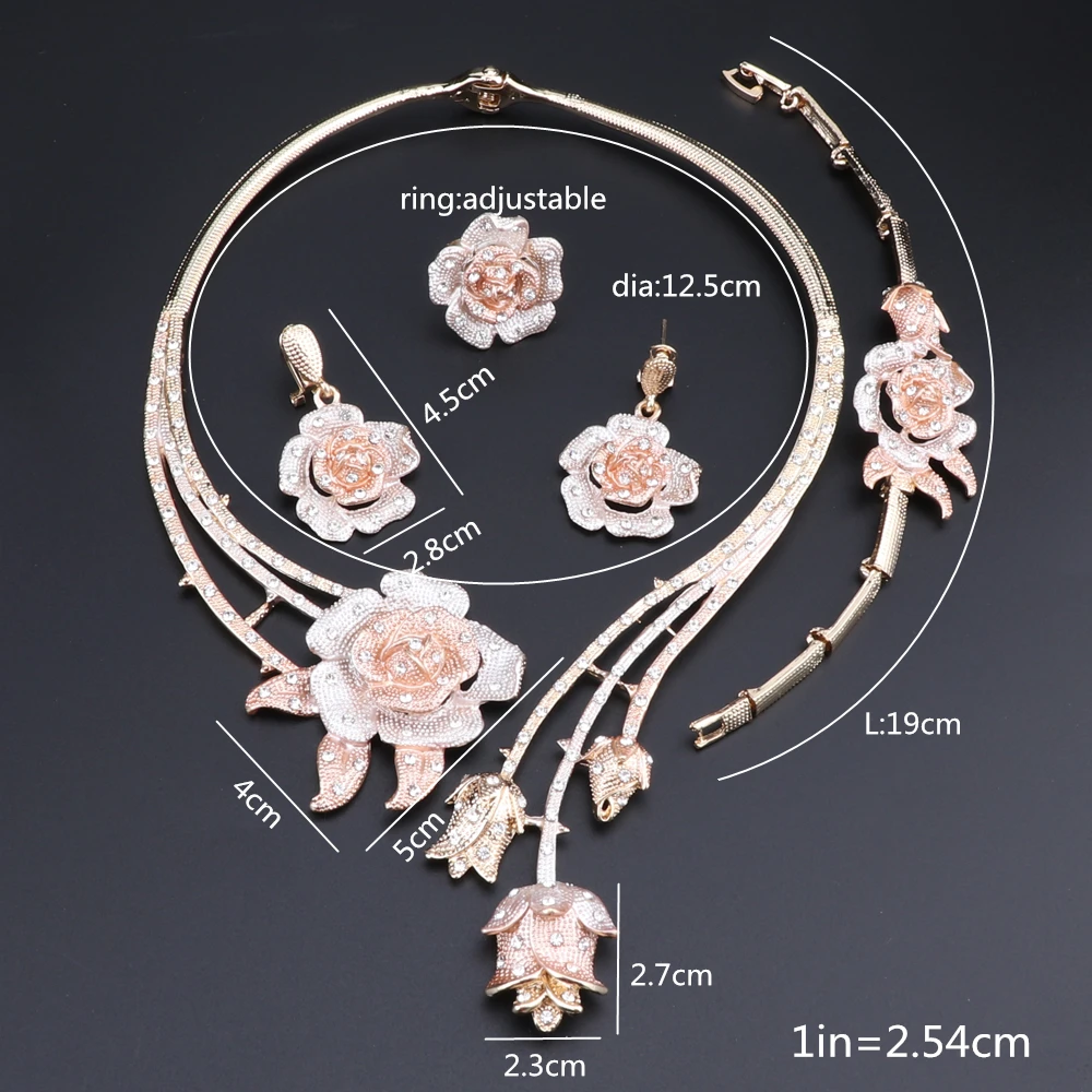 Bridal Jewelry Sets Nigeria Classic Jewelry Sets Elegant Bride Wedding Flower Shape Necklace Earrings Bracelet Ring Set for Dubai Women