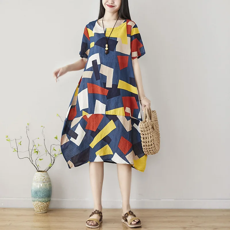 

2019 Summer Wear New Style Cotton Linen Large Size Fat Mm Mid-length Large Size WOMEN'S Short Sleeve Shirt Floral Printed Dress