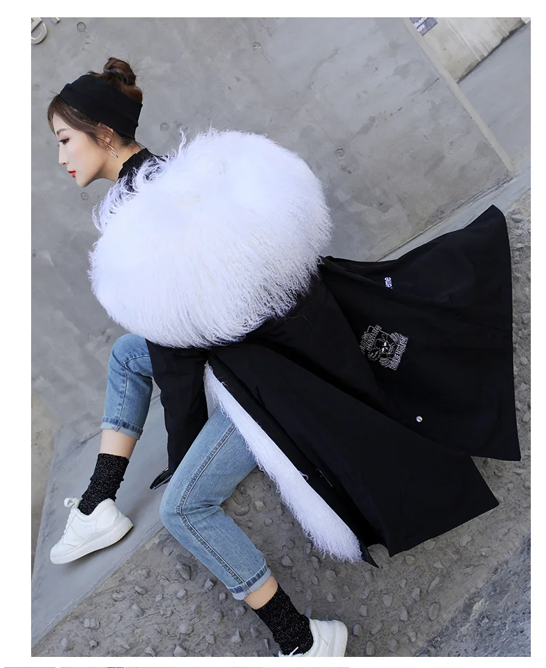 X-long parka зимняя куртка Женское пальто из натурального меха монгольская овечья шерсть толстые теплые парки капюшон плюс Размер Уличная