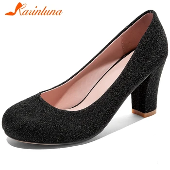 

KARINLUNA New Fashion Lady High Heel Pumps Round Toe Bling Slip On Shallow Spring Summer Pumps Women Party Shoes Woman