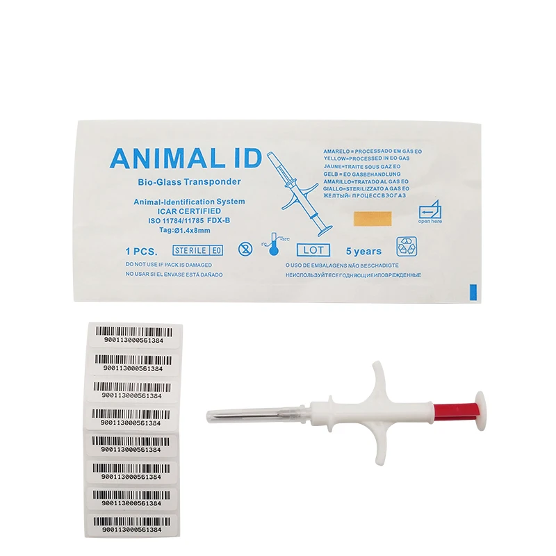 (40 unids/lote). Mascotas ID 134,2 KHz FDX-B hurón microchip Animal inyector 1,4x8mm gato micro chip para perro granja de ganado de identificación