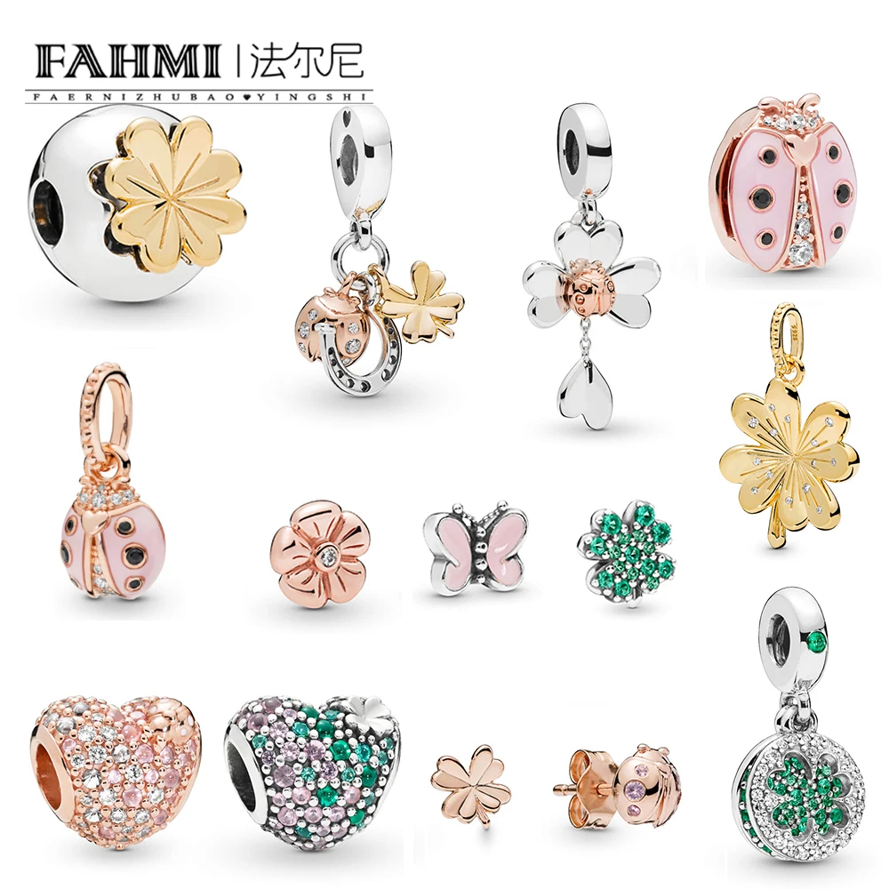

2019 100% 925 Sterling Silver 2019 Spring Four-Leaf Clover and Ladybird Stud Earrings CLIP Charm Beads Launched In Succession