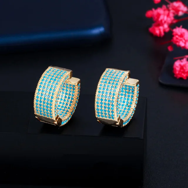 Pera Trendy Micro Full Multicolor CZ Pave Golden Color Circle Hoop Earrings for Women Wedding Party Exquisite Jewelry Gift E761 Gold Blue