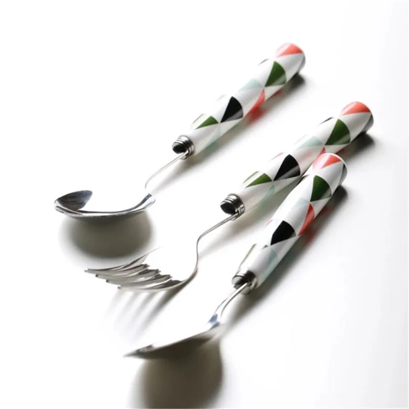 2pcs/set Tableware set spoon and fork Geometric Figure Ceramic Handle Dessert Coffee teaspoon Stainless Steel Dinnerware