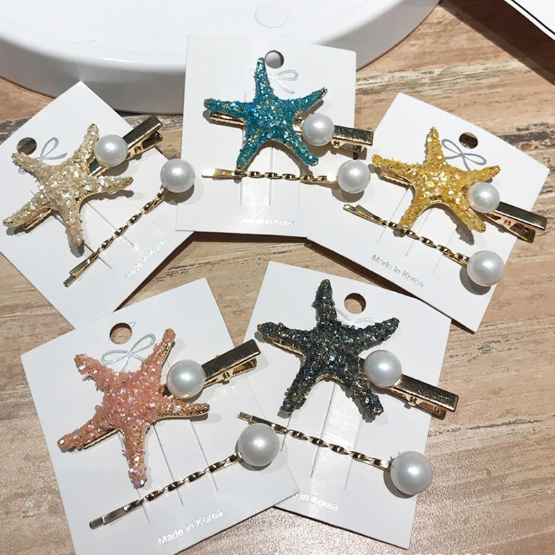 2 шт./компл. Для женщин Starfish жемчуг Заколки для волос заколки для волос заколка для волос с кристаллами летние пляжные заколки для волос
