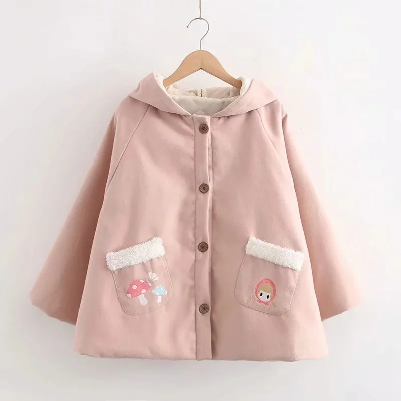 WYNNE GADIS Cartoon Girl Mushrooms Embroidery Ponch Coat Double Pockets Thicken Wool Loose Capes Outwear Female Tops |