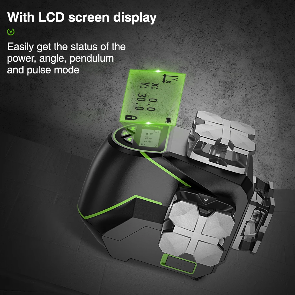 Huepar 3D LCD Display Cross Line Laser Level 12 Lines Green Beam Bluetooth & Remote Control Functions S03CG With Hard Carry Case