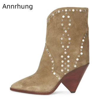 

Retro Rivet Decor Ankle Boots Women 2019 New Winter Suede Boots Sexy Pointed Toe Spike High Heels Catwalk Shoes Slip On Botas