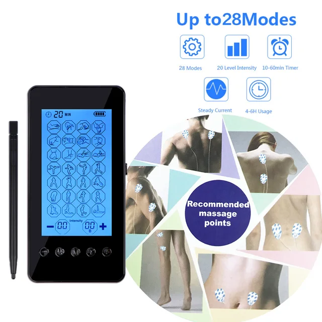 28 Modes TENS Physiotherapy Massager Rechargeable Pain Relieve Full Body Massager Touch Screen Multifunction Massage Machine