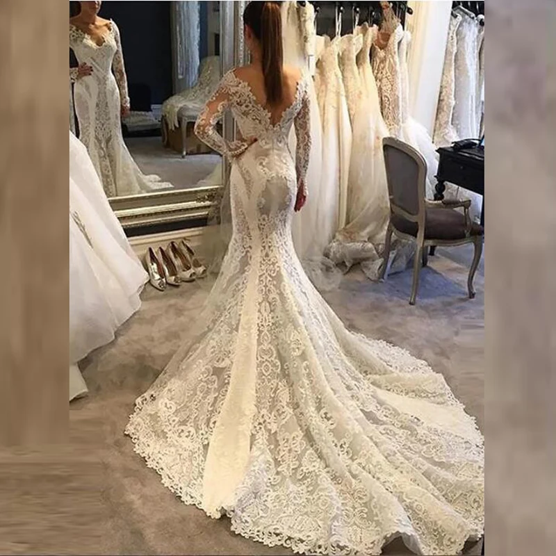 

Fashion Unique Mermaid Lace Backless Bridal Wedding Dresses Long Sleeves Plunge V Neckline Wedding Gowns for Bride Appliqued