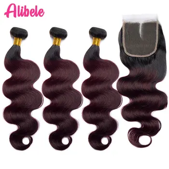 

ALIBELE Ombre Bundle With Closure 1B 99J Body Wave Bundle With Closure Brazilian Remy Human Hair Weave 3 Bundles With Closure