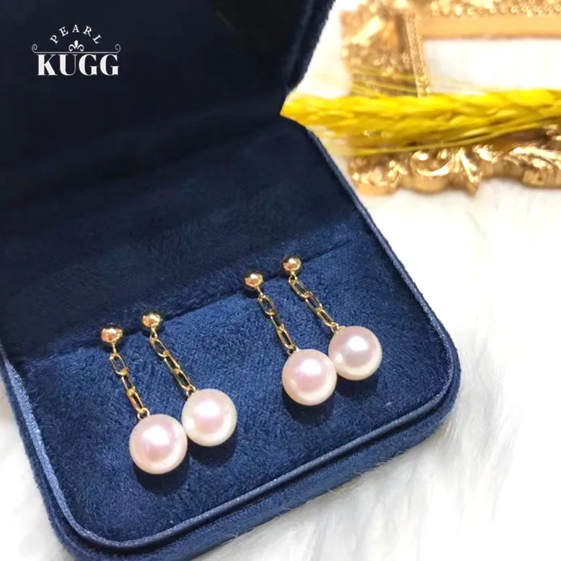 KUGG PEARL 18K Rose Gold Earrings Natural Freshwater White Pearl Earrings Handmade Jewelry Long Drop Earrings for Women kugg pearl 18k yellow gold earrings 7 5 8mm natural akoyo pearl earrings romantic flexible shape jewelry for women holiday gift