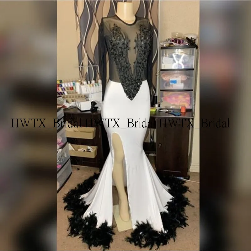 

Black and White Long Prom Dresses High Slits Illusion Bodice Mermaid Feathers Long Sleeves African Girls 2020 Gala Prom Gowns