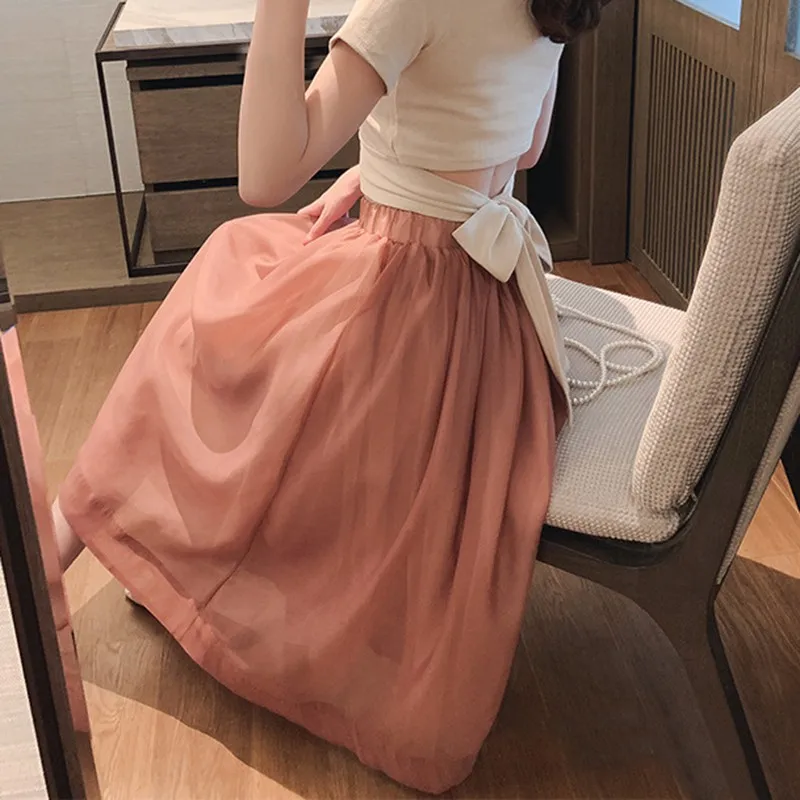 

Women Summer Fashion Simple Solid Color High Waist Chiffon Skirt Soft And Comfortable Street Clothes