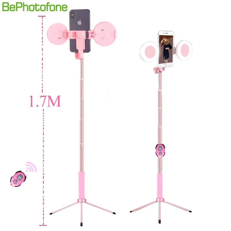  1.7m Extendable live Tripod Selfie Stick Support LED Ring light Stand 4 in 1 With Phone Mount for i