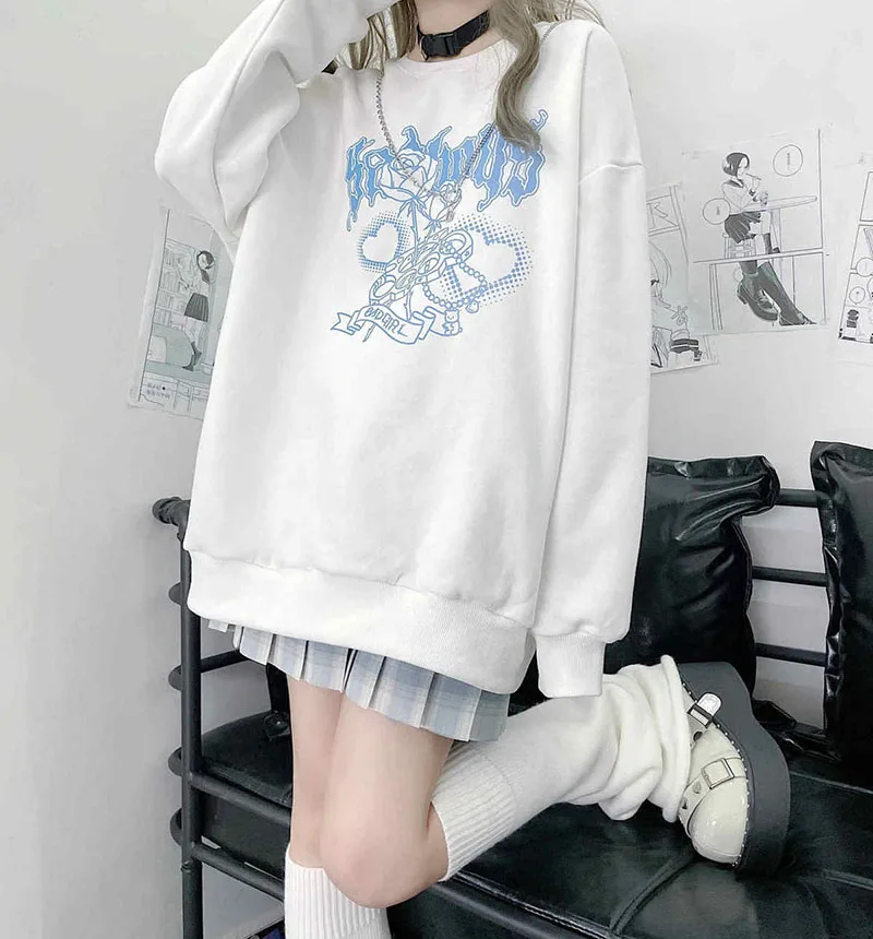 Japanese Sweet Cool Black And White Sweater Women Plus Velvet Thickening Autumn And Winter New Student Loose Harajuku Style Top