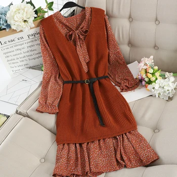 

2020 spring new two pieces women dresses suits solid knitted vest and floral ruffles dresses lady dresses suits top quality