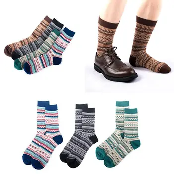 

4 Pairs Japanese Men Vintage Harajuku Chunky Knit Thick Crew Socks Contrast Color Geometric Stripes Skateboard Mid Tube Hosiery