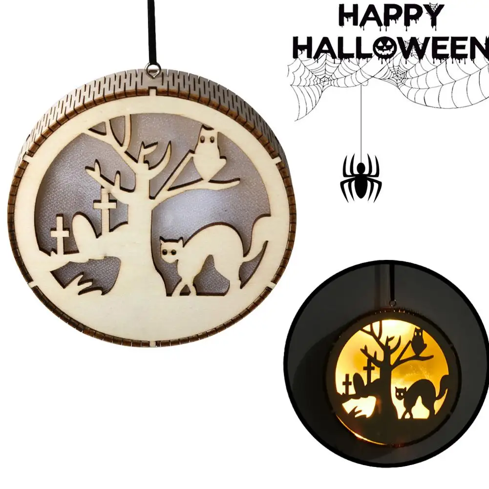 

New Durable Wooden Round Haunted Witch Hollow Box LED Night Light Pendant Halloween Decor