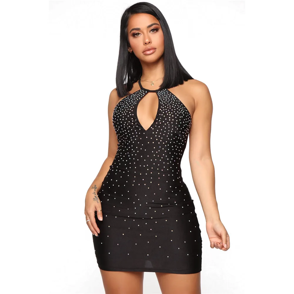 

Zoctuo Diamonds Sexy Bodycon Club Dress Hollow Out Sleeveless Halter Backless Sheath Mini Party Dresses Women Fashion Vestidos