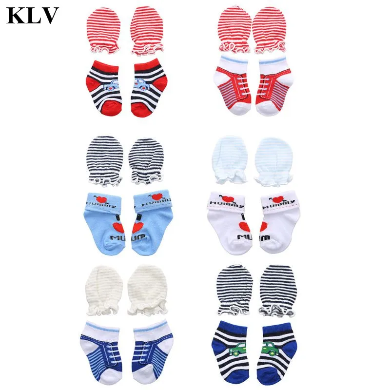 KLV, 1 комплект, детские спортивные перчатки для маленьких мальчиков, хлопковые полосатые носки и перчатки с рисунком для новорожденных