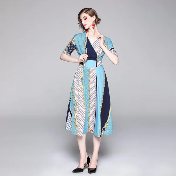 

Ozhouzhan 2019 New Style WOMEN'S Dress Floral Printed Dress Women's Mid-length Debutante Slimming V-neck Elegant Skirt