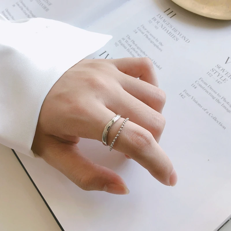 

Silvology 925 Sterling Silver Curved Surface Rings Irregular Round Bead Chain Design Chic Rings for Women Creative Jewelry Gift