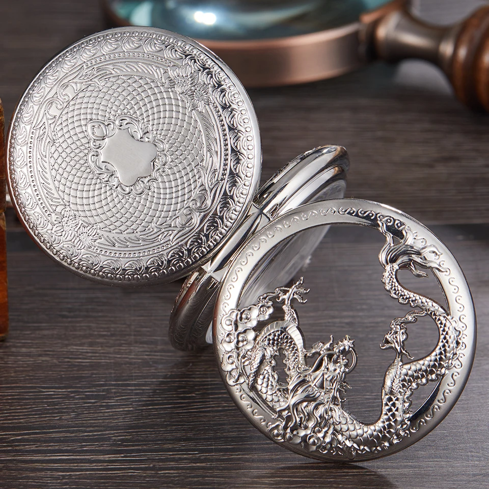 Luxury Silver Mechanical Pocket Watch Dragon Laser Engraved Clock Animal Necklace Pendant Hand Winding Clock Men Fob Watch Chain