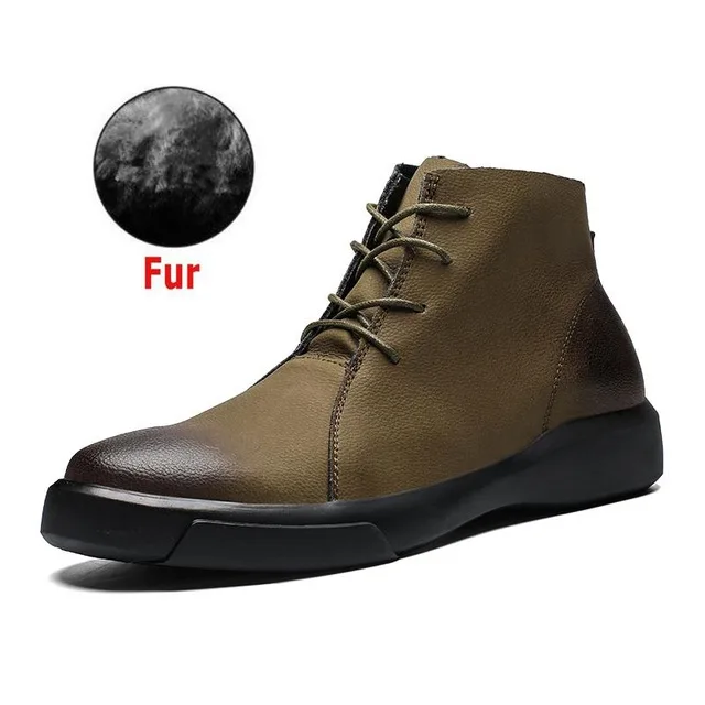 Fur Army Green Зимние мужские ботинки; теплые зимние ботинки; Мужская водонепроницаемая обувь; Рабочая обувь из натуральной кожи; мужские кроссовки; мужские ботильоны на резиновой подошве - Цвет: Fur Army Green