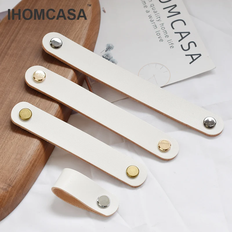 Furniture Handles IHOMCASA Leather Handle Furniture Hardware Drawer Wardrobe Door Knobs Kitchen Cupboard Shoe Cabinet Cowhide Pulls Handles