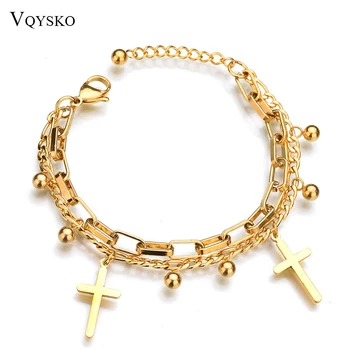 

Fashion Stainless Steel Cross Charms Bracelets For Women Gold Color Beads Chain Bracelet Religious Rosary Jewelry