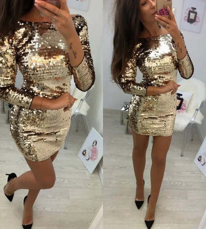 

Sexy Club Wear Gold Dress Women Deep V Backless Bodycon Evening Party Sequins Strappy Mini Dress Fashion Sequin Dresses