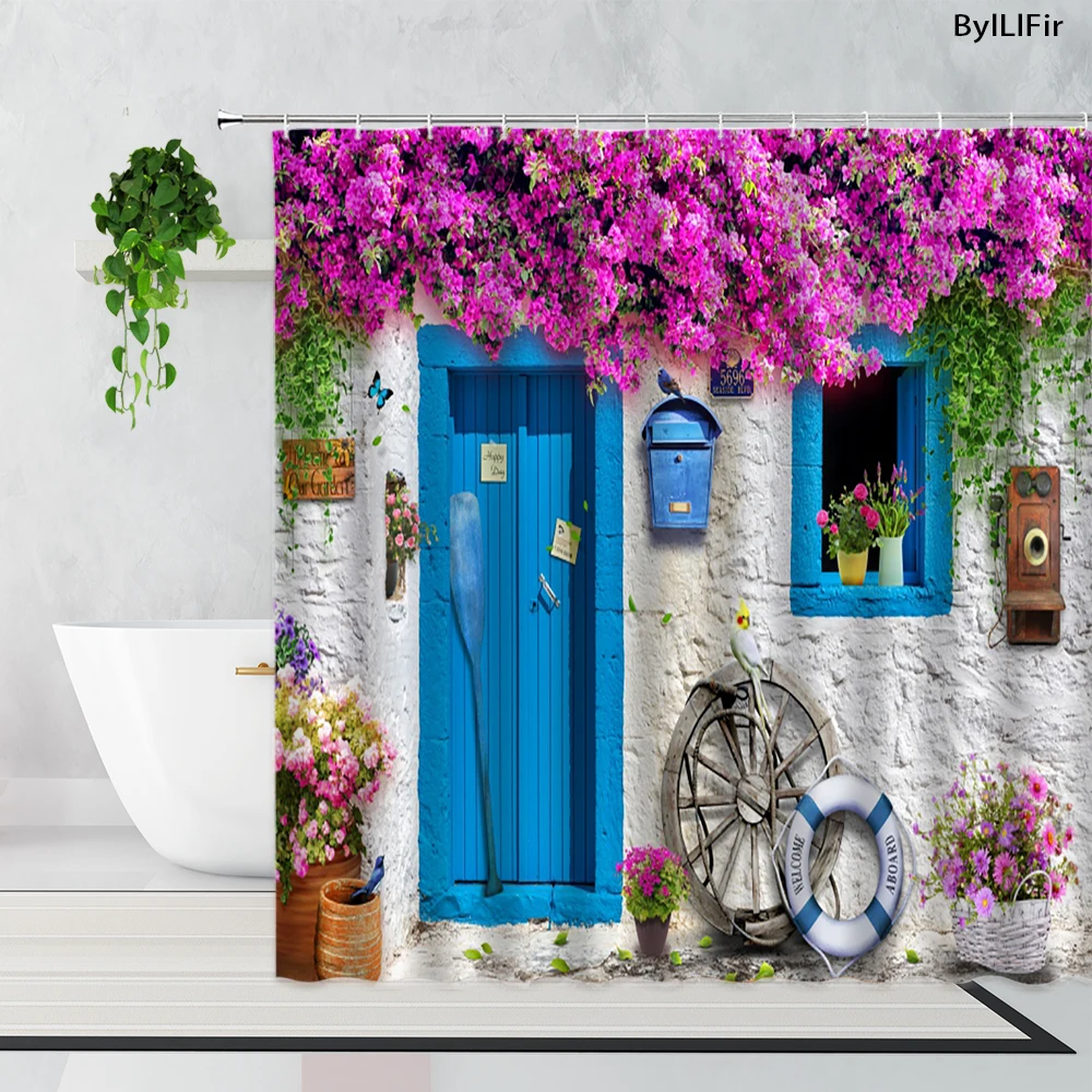 Italian Street View Shower Curtain Purple Floral Blue Wooden Door