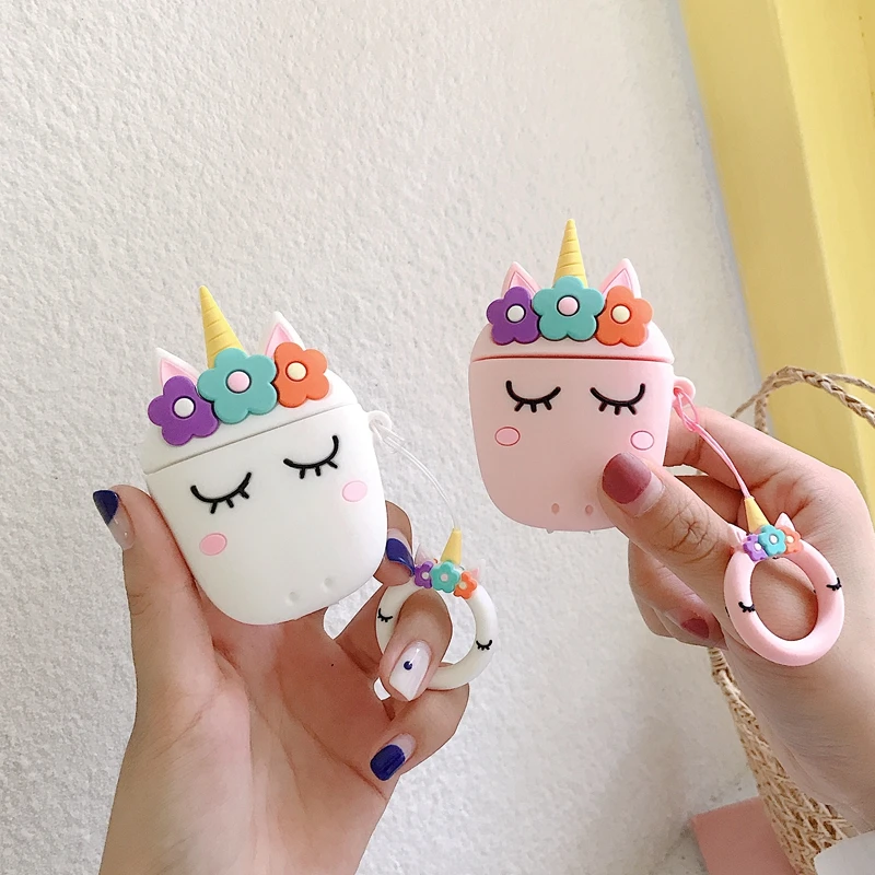 

3D Unicorn Earphone Case For Airpods 2 Case Silicon Soft Cover for Airpods 1 Headphone Case Flower Earbuds Case Cover Ring Strap