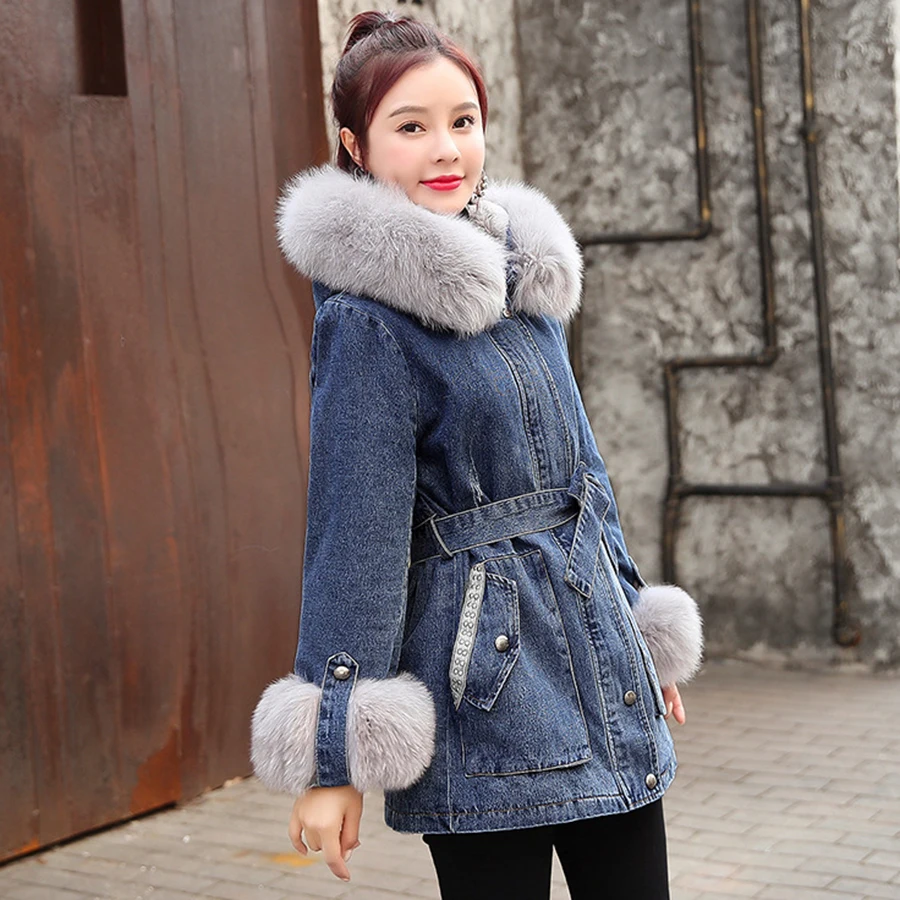 Зимняя женская джинсовая хлопковая куртка с капюшоном, Вельветовая теплая Корейская свободная длинная куртка, приталенная Удобная дышащая парка - Цвет: Blue