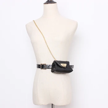 

PU Crocodile WaIst Belts WIth Saddle Bags Women Paris Chic Mini Fanny Packs Coin Money Bag Ladies Gold Metal Chain Shoulder Bag