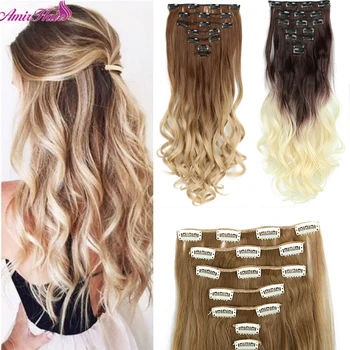 

Amir 22"Synthetic Long Curly Hair 7Pcs/Set Heat Resistant Clip In Ombre Light Brown Gray Blond Thick Women Hair Extension