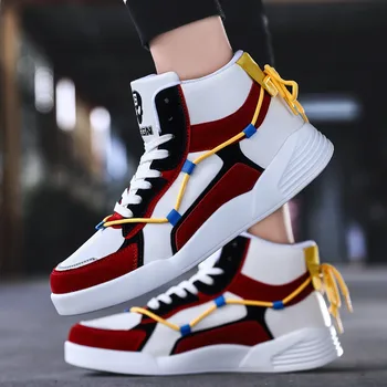 

Non-slip Sneakers Shoes New Fashion Black Men Casual PU Leathable Flats Shoes Boys High Top Outdoor Round Toe Lace Up Footwear H