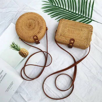 

Women Round Rattan Bali Hand Woven Shoulder Bag Straw Beach Boho Crossbody Messenger Bags