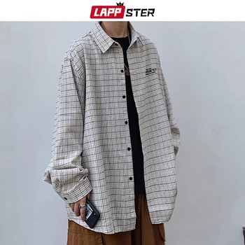

LAPPSTER Men Streetwear Harajuku Plaid Shirts 2020 Men Fashoins Shirt Long Sleeve Button Up White Shirt Oversized Casual 5XL