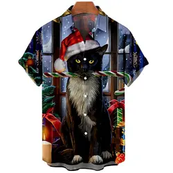 Chemises de plage hawaïennes pour hommes, vêtements de noël, motif de chat imprimé, manches courtes, boutons simples, décontractés, 2022 