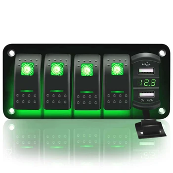 

Night Glow Rocker Switch Label Decal 5 Gang Toggle Rocker Switch Panel USB Voltmeter Car Boat Marine Truck Green LED