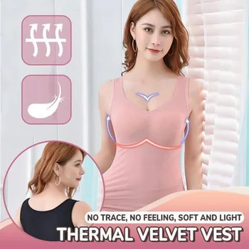 

Velvet Thermals Lace Sleeveless Inner Wear Women Fleece Lined Underwear Tops Cami Tank Top Vest with Removable Chest Pad Health