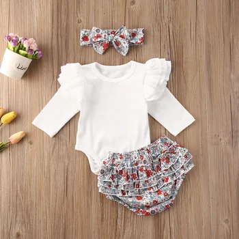 

2020 Toddler Infant Baby Girl Bodysuit Clothes Set 0-24M Long Sleeve O-neck Ruffle Floral Shorts Headband Outfits Clothing 3PCs